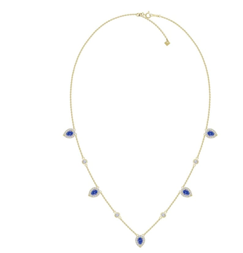 Diamond & Blue Sapphire Necklace In 18KT Yellow Gold