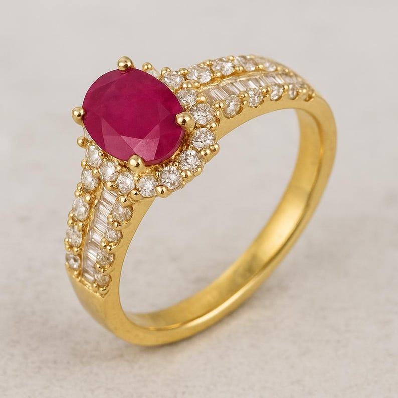 Genuine Ruby & Natural Diamond Ring in 18K Yellow Gold
