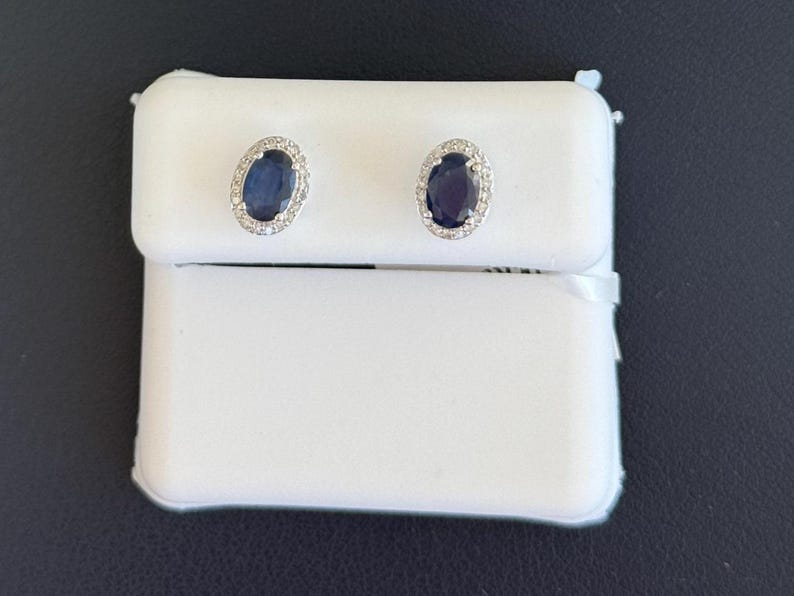 Natural Blue Sapphire & Diamond Halo Stud Earrings | 14K White Gold