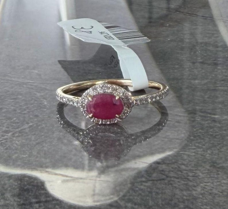 Genuine Ruby Diamond Oval Halo Ring | 14K Yellow Gold Fine Jewelry