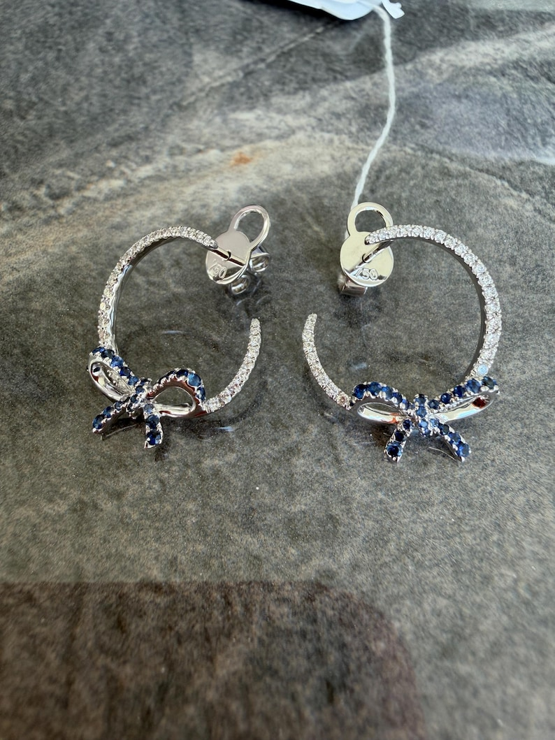 Blue Sapphire & Natural Diamond Bow Hoop Earrings in 18K White Gold