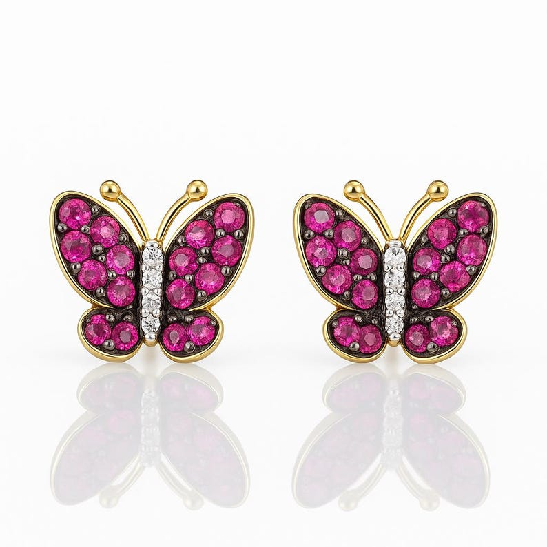 Butterfly Ruby & Diamond Earrings in 18K White, Yellow, Black Gold