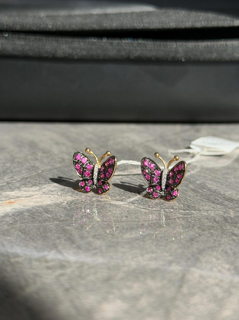 Butterfly Ruby & Diamond Earrings in 18K White, Yellow, Black Gold