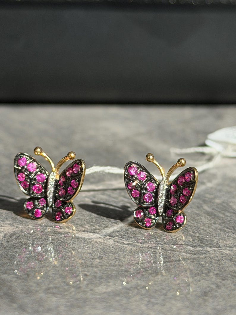 Butterfly Ruby & Diamond Earrings in 18K White, Yellow, Black Gold