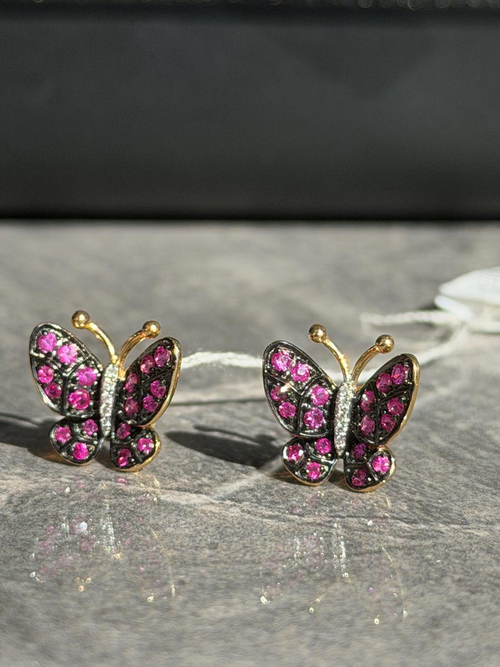 Butterfly Ruby & Diamond Earrings in 18K White, Yellow, Black Gold