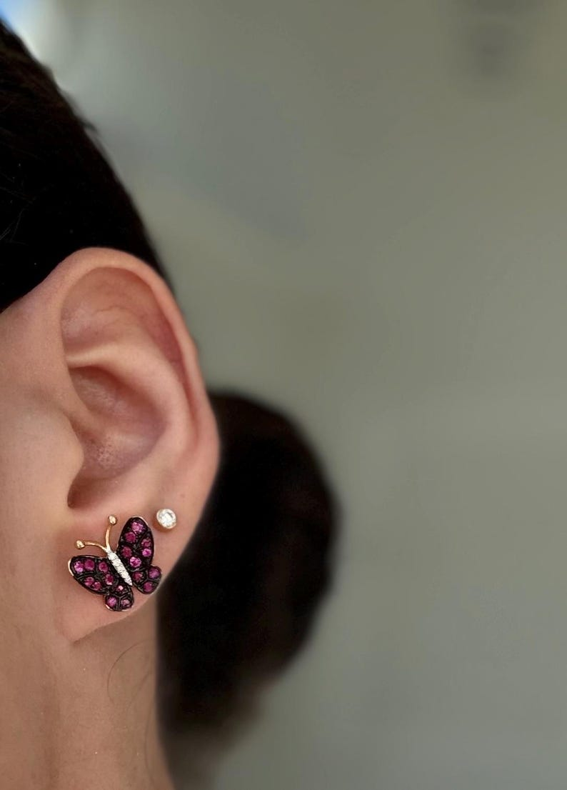 Butterfly Ruby & Diamond Earrings in 18K White, Yellow, Black Gold