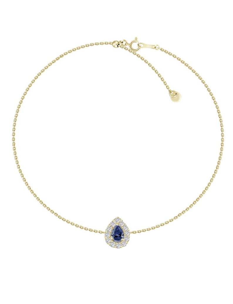 Genuine Pear cut Blue Sapphire and Diamond halo Bracelet in 18K Yellow Gold