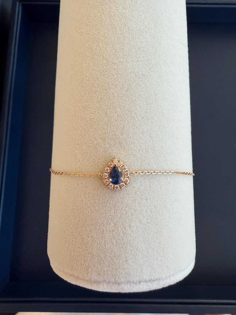 Genuine Pear cut Blue Sapphire and Diamond halo Bracelet in 18K Yellow Gold