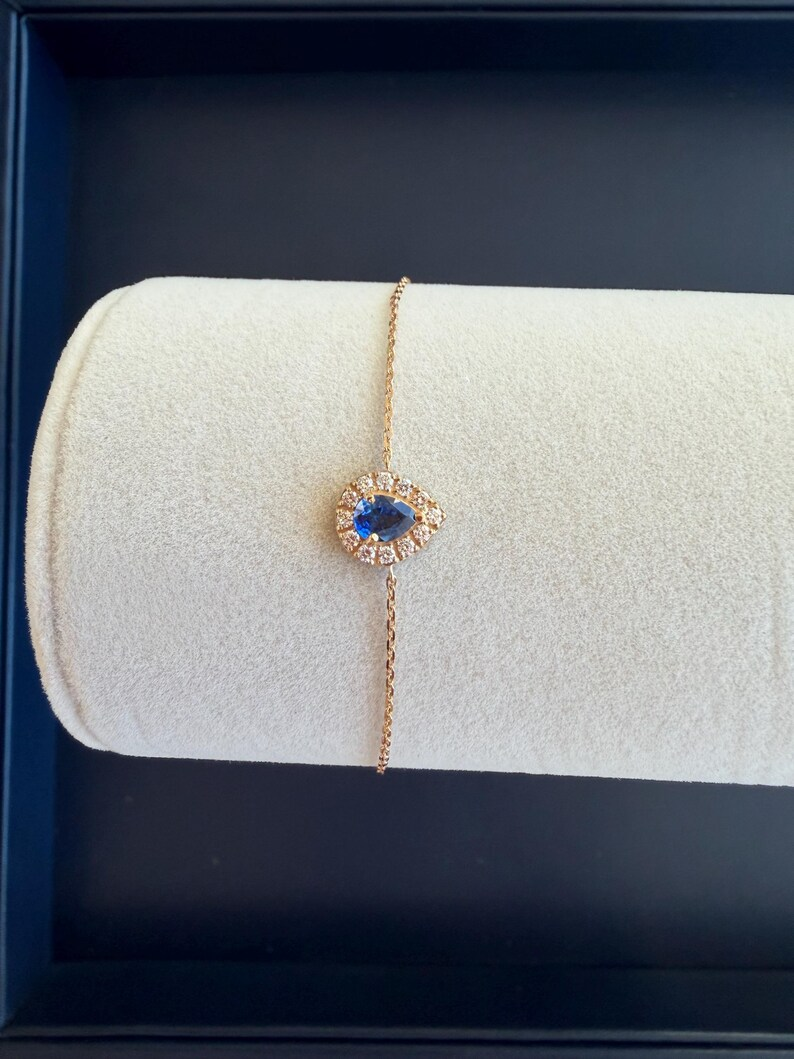 Genuine Pear cut Blue Sapphire and Diamond halo Bracelet in 18K Yellow Gold