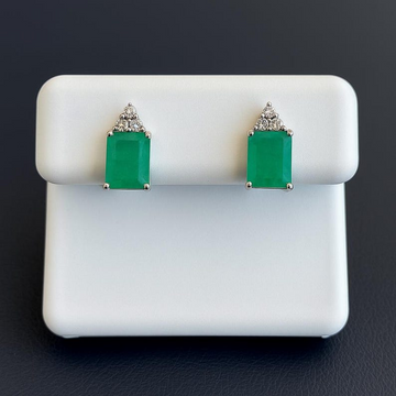 Natural Emerald & Diamond Stud Earrings | 14K White Gold, EM 2.14 CT