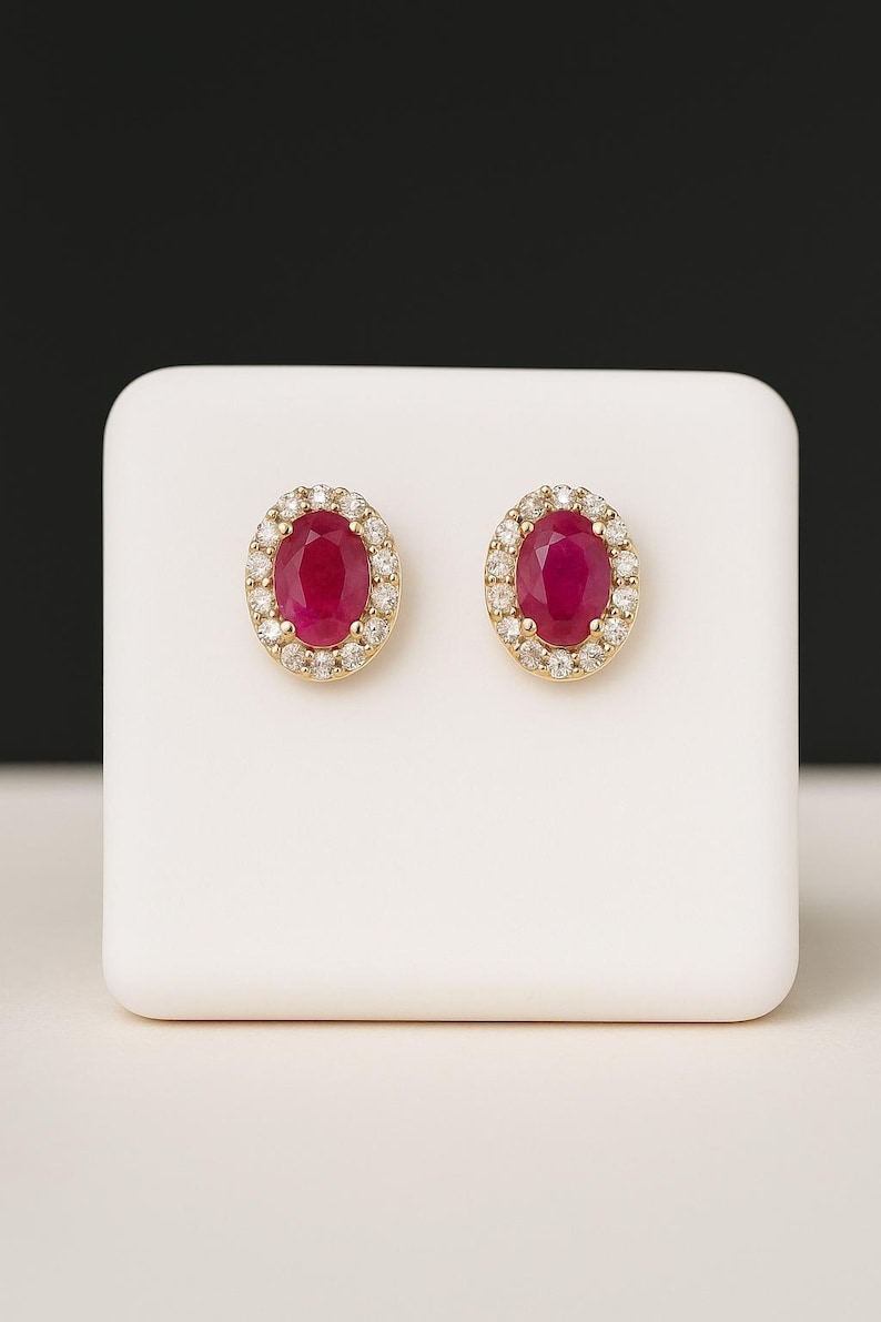 Ruby & Diamond Halo Studs Earrings in 14K Yellow Gold