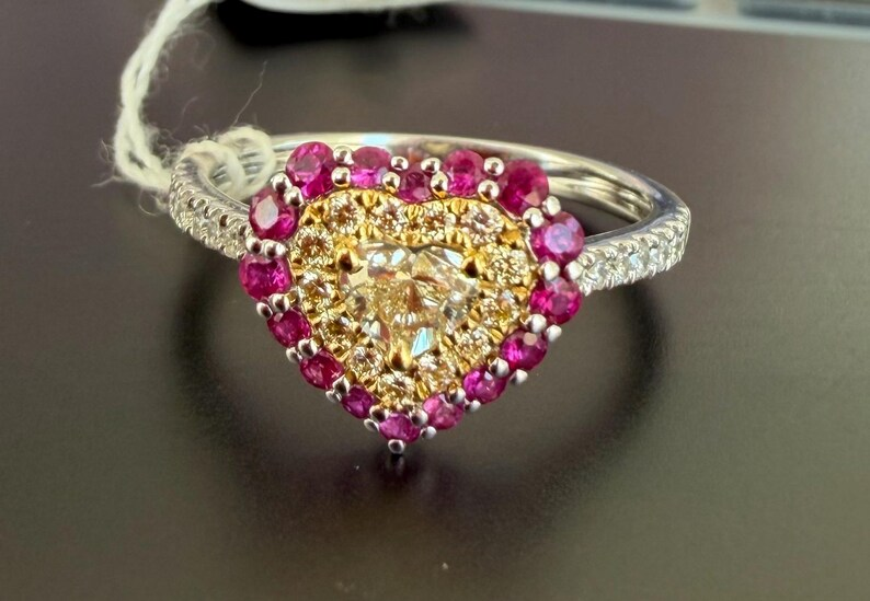 Heart-Shaped Yellow Diamond & Ruby Halo Ring in 18K White, Yellow Gold