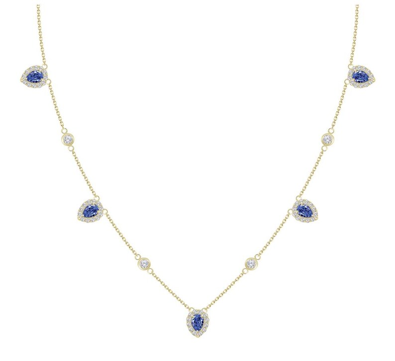 Diamond & Blue Sapphire Necklace In 18KT Yellow Gold