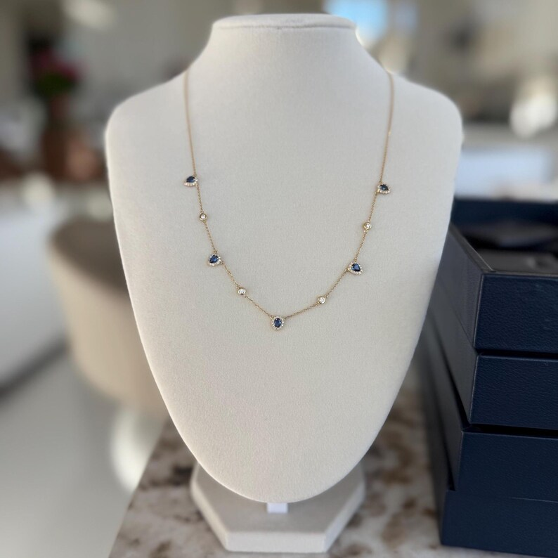 Natural Diamond & Blue Sapphire Lariat In 18KT Yellow Gold