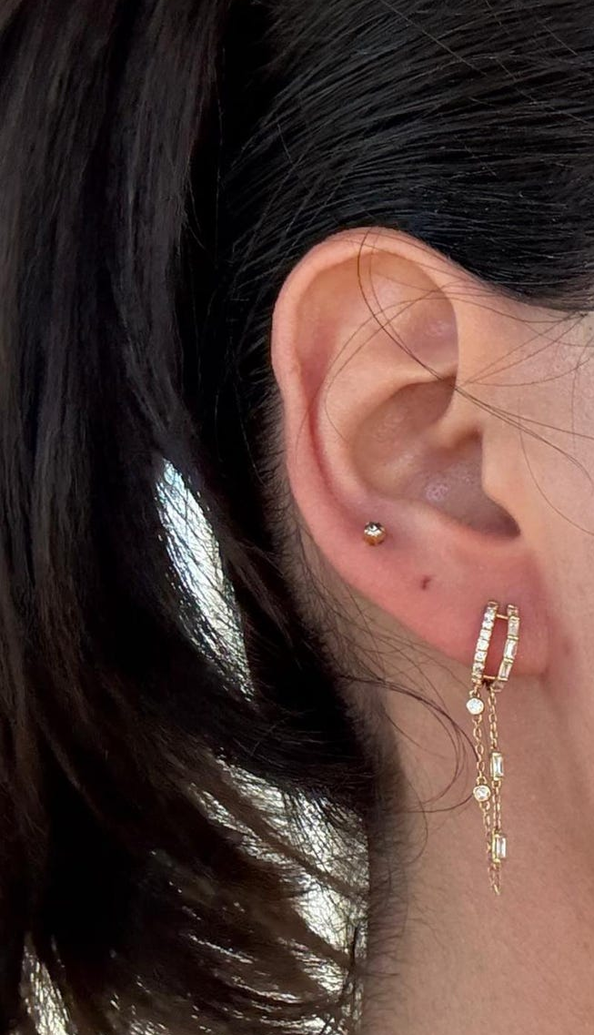 Natural Diamond Huggies Drop Chain Earrings 18K YG