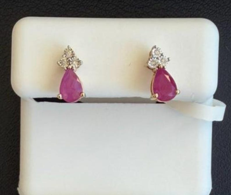 Genuine Ruby Pear cut & Natural Diamond Earrings | 14K Yellow Gold