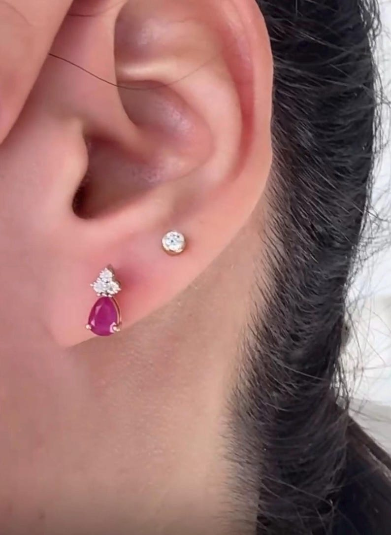 Genuine Ruby Pear cut & Natural Diamond Earrings | 14K Yellow Gold