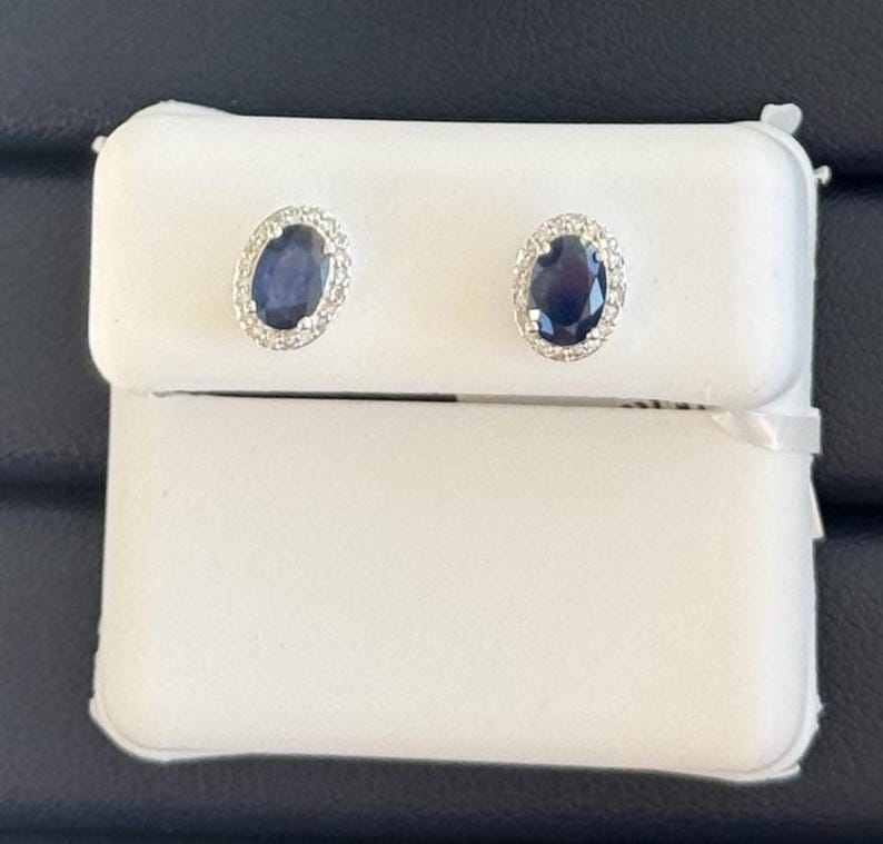 Natural Blue Sapphire & Diamond Halo Stud Earrings | 14K White Gold