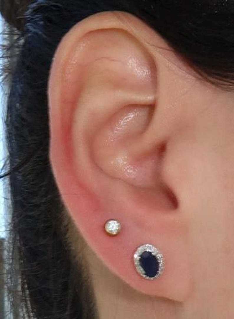 Natural Blue Sapphire & Diamond Halo Stud Earrings in 14K White Gold