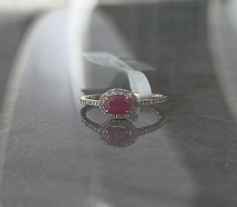 Genuine Ruby Diamond Oval Halo Ring | 14K Yellow Gold Fine Jewelry