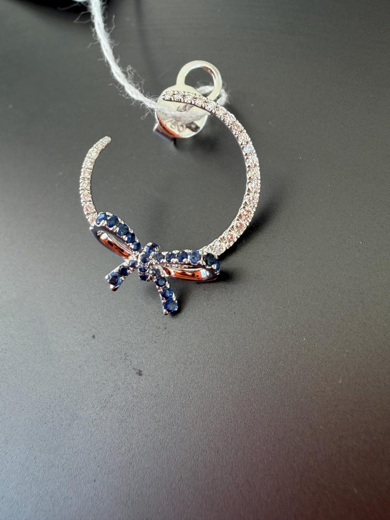 Blue Sapphire & Natural Diamond Bow Hoop Earrings in 18K White Gold