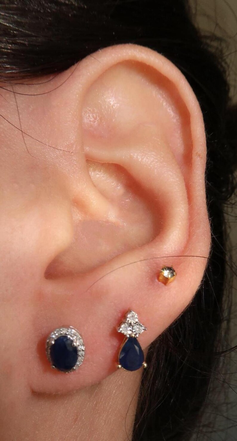 Genuine Blue Sapphire & Diamond Drop Earrings | 14K Yellow Gold