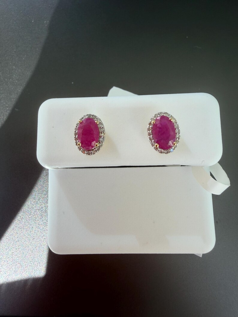 Ruby & Diamond Halo Studs Earrings in 14K Yellow Gold