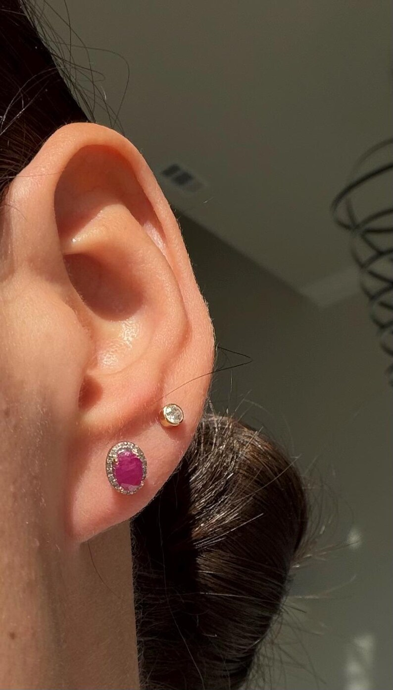 Ruby & Diamond Halo Studs Earrings in 14K Yellow Gold
