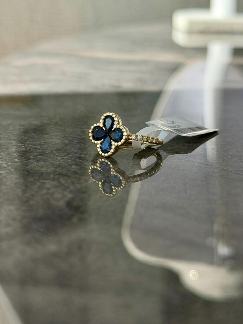 Blue Sapphire Clover Ring | 14K Yellow Gold Diamond Halo | Fine Gemstone Ring Size 5