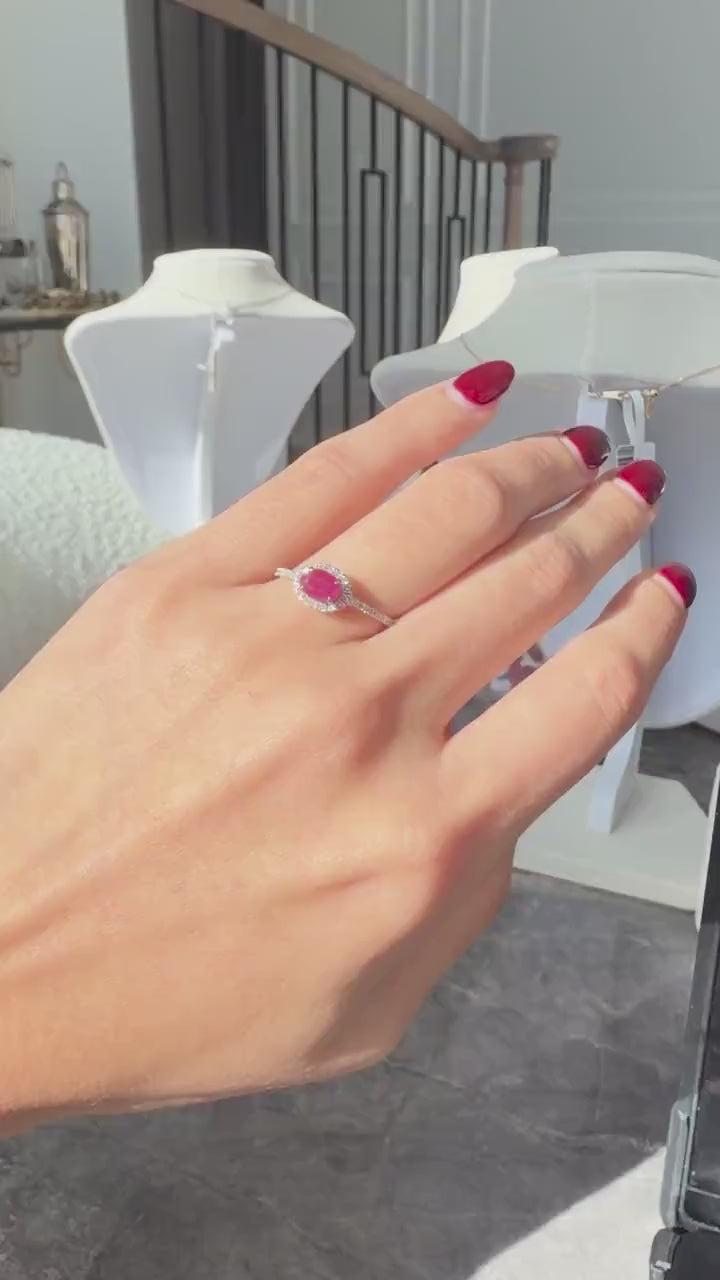 Genuine Ruby Oval Diamond Halo Ring in 14K Yellow Gold