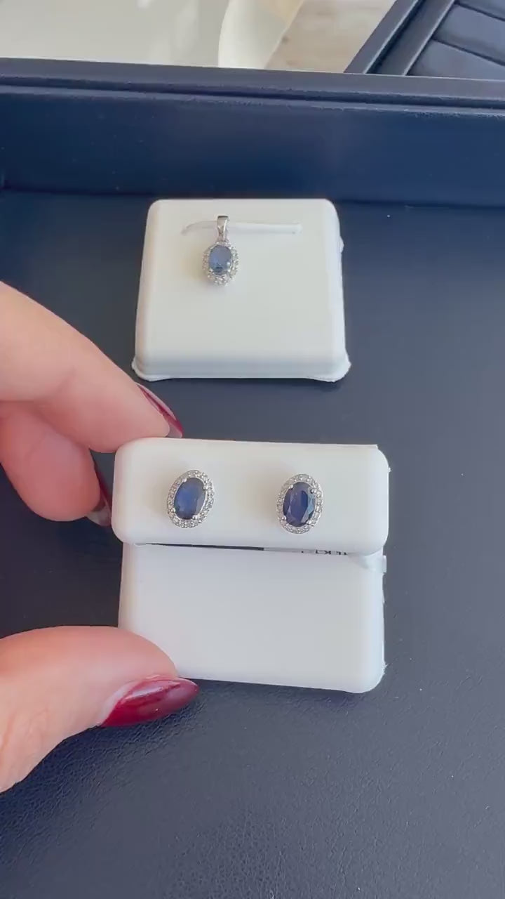 Natural Blue Sapphire & Diamond Halo Stud Earrings in 14K White Gold