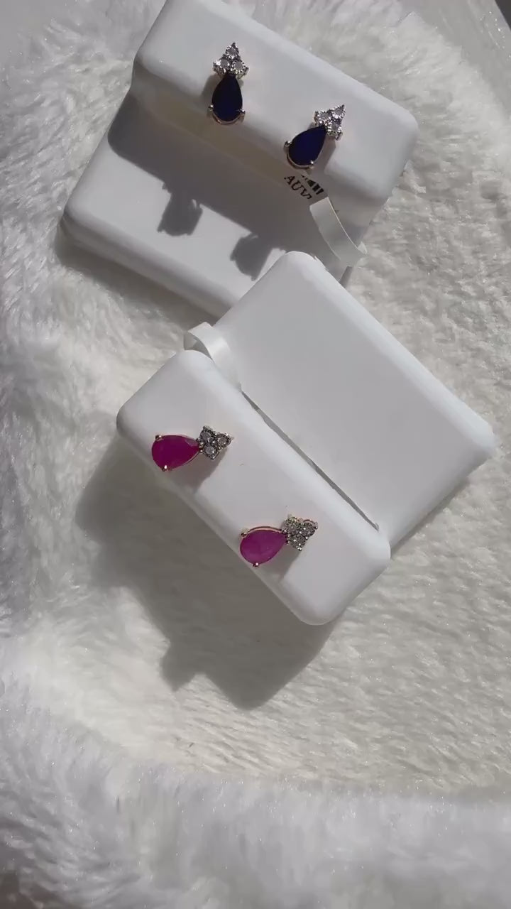 Genuine Ruby Pear cut & Natural Diamond Earrings | 14K Yellow Gold
