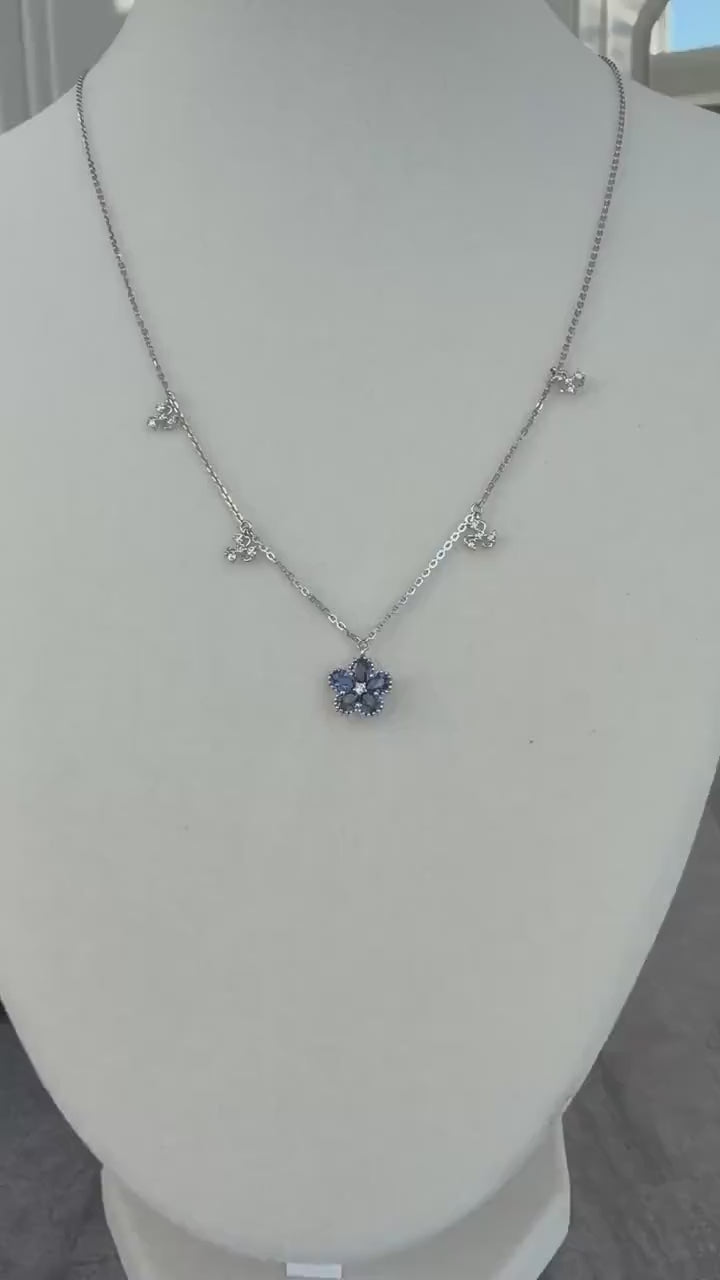 Blue Sapphire & Natural Diamond Flower Station Necklace in 18K White Gold